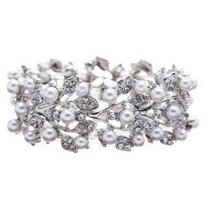 Silver stretch bracelet pearl leaf crystal rhinestone bridal wedding